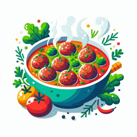 Tomato soup with meatballs in a bowl. Vector illustration.のイラスト素材