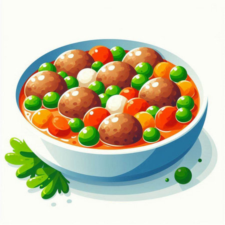 Illustration of a bowl of meatballs with vegetables on a white backgroundのイラスト素材