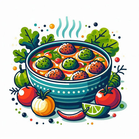 Vector illustration of a bowl of tomato soup with meatballs, cherry tomatoes and greensのイラスト素材