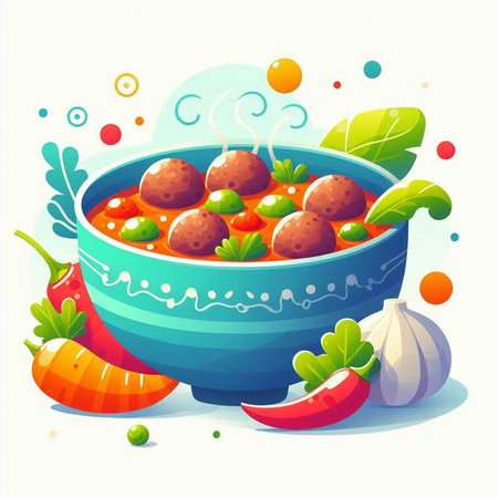 Bowl of soup with meatballs and vegetables. Vector illustration.のイラスト素材