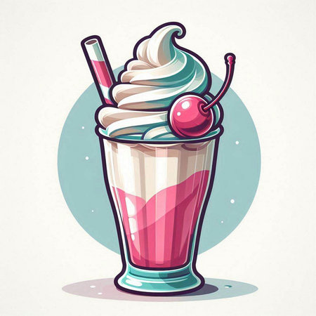 Milkshake with whipped cream and cherry in a glass. Vector illustration.のイラスト素材