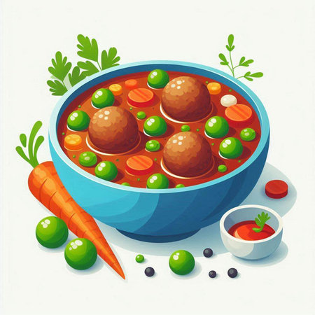 Vector illustration of a bowl of vegetable soup with meatballs and peasのイラスト素材