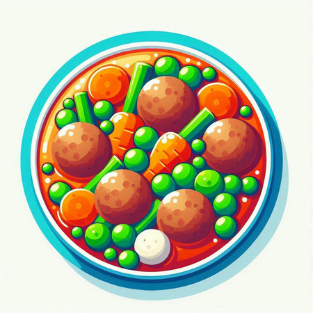 Illustration of a bowl of meatballs with peas and carrots on a white backgroundのイラスト素材