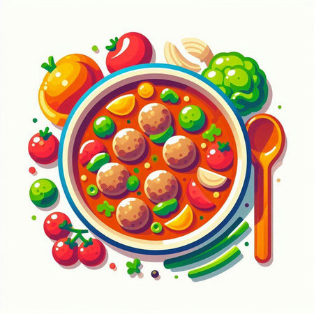 Vector illustration of a bowl of tomato soup with meatballs and vegetablesのイラスト素材
