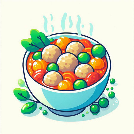 Illustration of a bowl with meatballs and green peas. Cartoon style.のイラスト素材