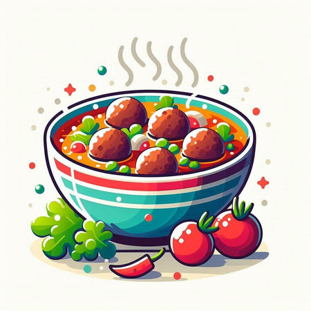 Vector illustration of a bowl of meatballs in tomato sauce with parsleyのイラスト素材