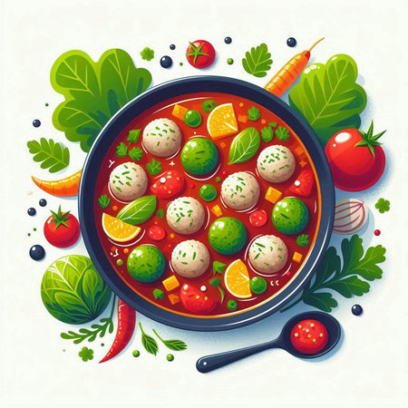 Vegetarian soup with meatballs, vegetables and greens. Vector illustration.のイラスト素材