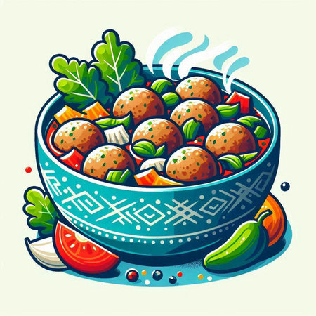 Vector illustration of a bowl of meatballs with vegetables and greens.のイラスト素材