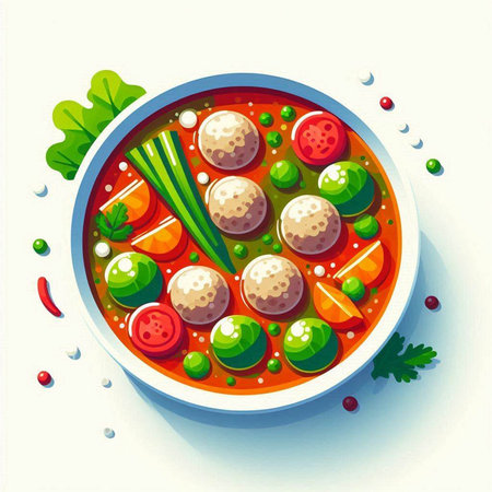 Illustration of a bowl of noodle soup with meatballs and vegetablesのイラスト素材