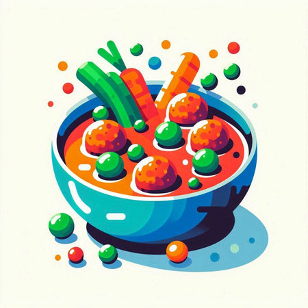 Cartoon illustration of a bowl of vegetable soup with strawberries and carrots.のイラスト素材
