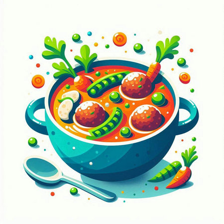 Vector illustration of a bowl of soup with meatballs and vegetables.のイラスト素材