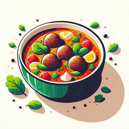 Tomato soup with meatballs in a bowl. Vector illustration.のイラスト素材