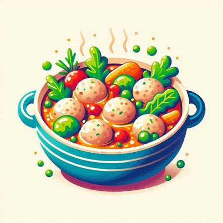 Vector illustration of a soup with meatballs and vegetables in a bowlのイラスト素材