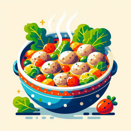 Vegetable salad with meatballs in a bowl. Vector illustration.のイラスト素材