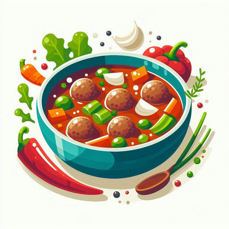 Vector illustration of a bowl of soup with meatballs and vegetables.のイラスト素材