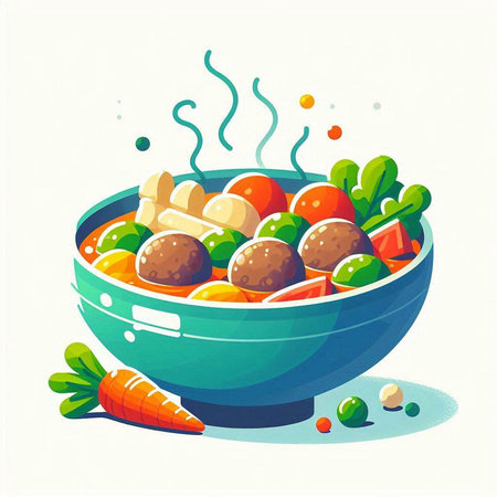 Vegetable salad with meatballs in a bowl. Vector illustration.のイラスト素材
