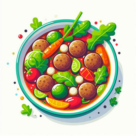Vegetable salad with meatballs in bowl. Vector illustration.のイラスト素材
