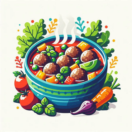 Vector illustration of soup with meatballs and vegetables in a bowl.のイラスト素材