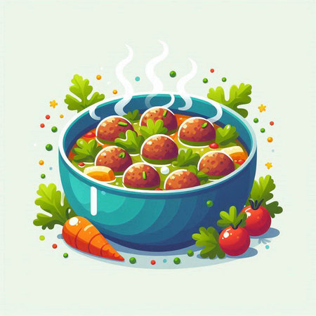 Meatballs in a bowl with parsley and carrots. Vector illustration.のイラスト素材