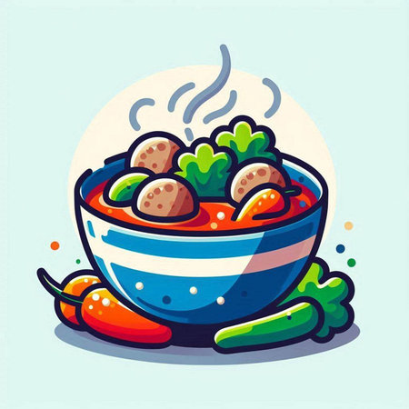 Bowl of soup with meatballs and vegetables. Vector illustration.のイラスト素材