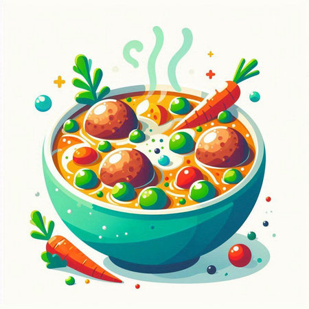 Bowl of soup with meatballs and vegetables. Vector illustration.のイラスト素材