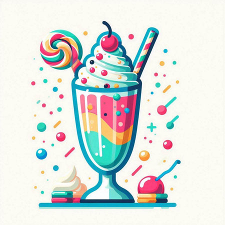 Colorful vector illustration of a milkshake with whipped cream, lollipops, macaroons and marshmallowsのイラスト素材