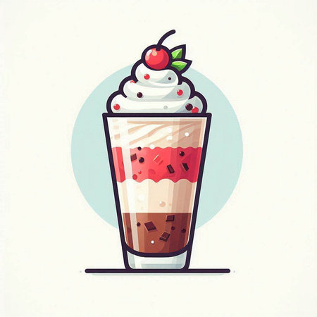 Vector illustration of milkshake with whipped cream, cherry and chocolateのイラスト素材