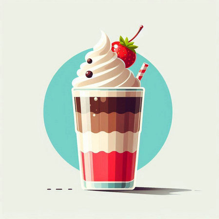Milkshake with whipped cream, strawberry and cherry. Vector illustration.のイラスト素材