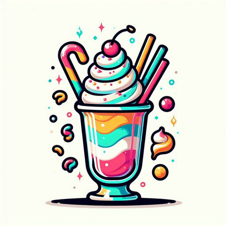 Colorful milkshake with whipped cream and candies. Vector illustration.のイラスト素材