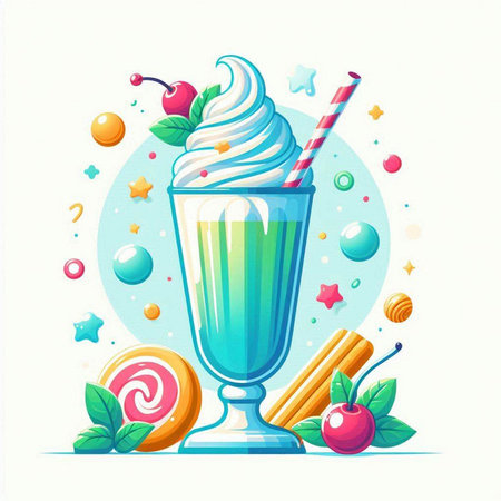 Vector illustration of milkshake with whipped cream, cherry, apple and cinnamonのイラスト素材