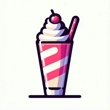 Milkshake with whipped cream and cherry. Vector illustration in cartoon styleのイラスト素材