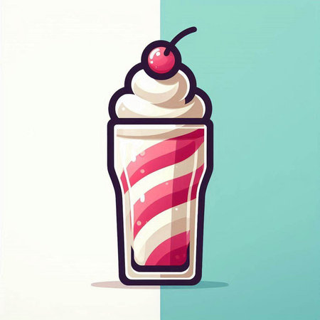 Milkshake with cherry on blue and white background. Vector illustration.のイラスト素材
