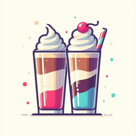 Vector illustration of two glasses of milkshakes with whipped cream and cherryのイラスト素材