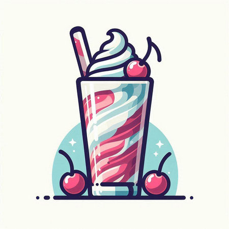 Cherry milkshake with whipped cream and cherries. Vector illustration.のイラスト素材