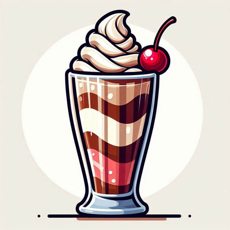 Vector illustration of milkshake with whipped cream and cherry in glass.のイラスト素材