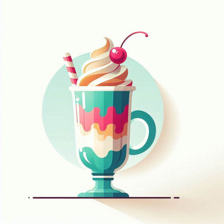 Colorful illustration of a milkshake with whipped cream and cherryのイラスト素材