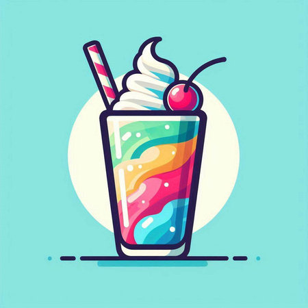 Colorful milkshake with whipped cream and cherry. Vector illustration.のイラスト素材