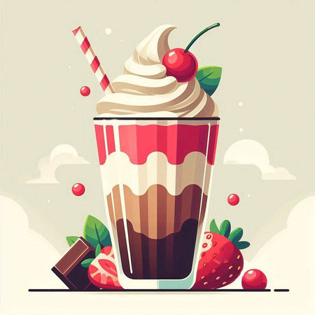 Milkshake with whipped cream, cherry and chocolate. Vector illustration.のイラスト素材