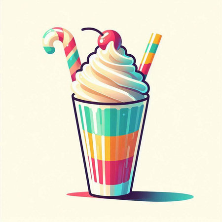 Vector illustration of milkshake with whipped cream, cherry and candy caneのイラスト素材