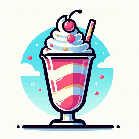 Milkshake with cherry and whipped cream in a glass. Vector illustration.のイラスト素材