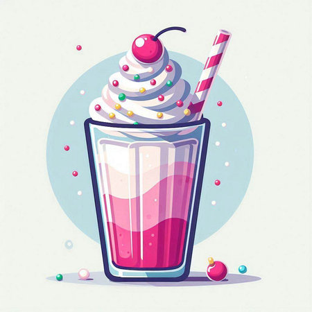 Milkshake with whipped cream and cherry in a glass. Vector illustration.のイラスト素材