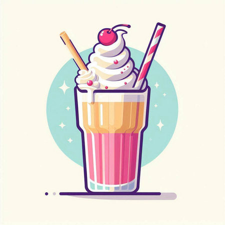 Illustration of milkshake with whipped cream, cherry and strawsのイラスト素材