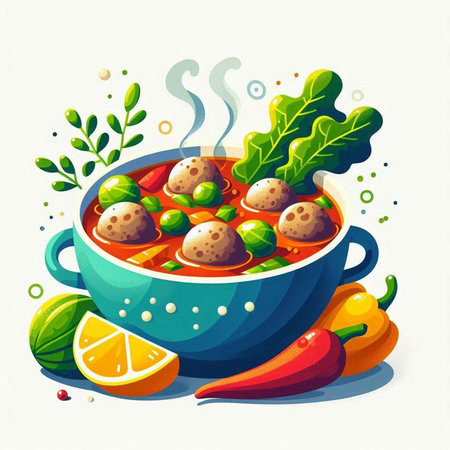 Vegetable soup with meatballs and vegetables. Vector illustration.のイラスト素材
