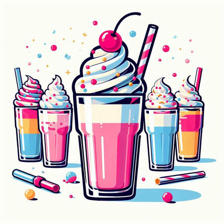 Milkshake with whipped cream, cherry and sprinkles. Vector illustrationのイラスト素材