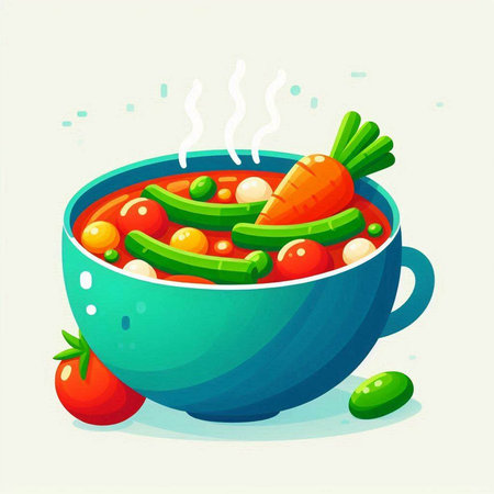 Vegetable soup in a blue bowl. Cartoon vector illustration.のイラスト素材