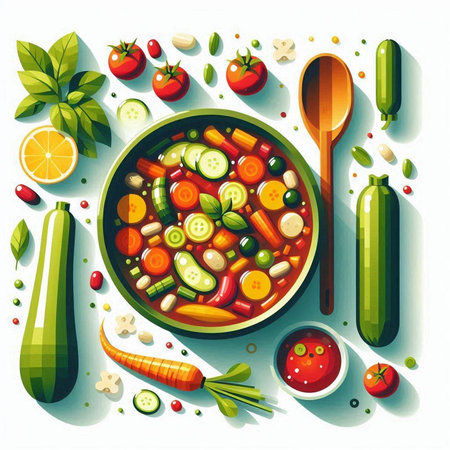 Vegetable soup in a bowl on a white background. Vector illustration.のイラスト素材
