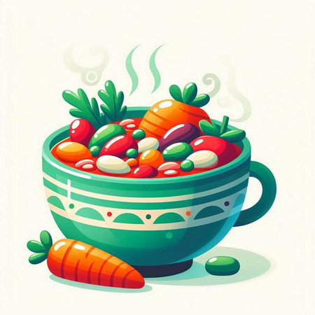 Vegetable soup in a bowl with carrots and beans. Vector illustration.のイラスト素材
