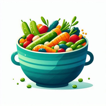 Illustration of a bowl full of fresh vegetables on a white backgroundのイラスト素材
