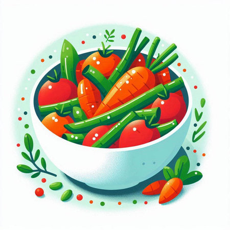 Vegetable salad in a bowl with carrots and beans. Vector illustration.のイラスト素材