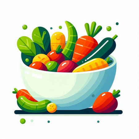 Vegetable salad in bowl. Vector illustration in flat style.のイラスト素材